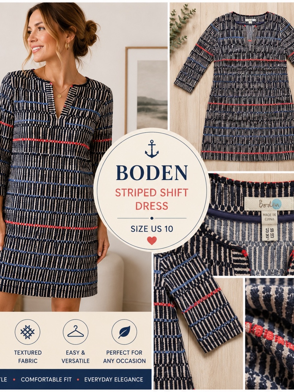 Boden Striped Shift Dress Women’s US 10 Navy Pink 3/4 Sleeve Textured Tunic
